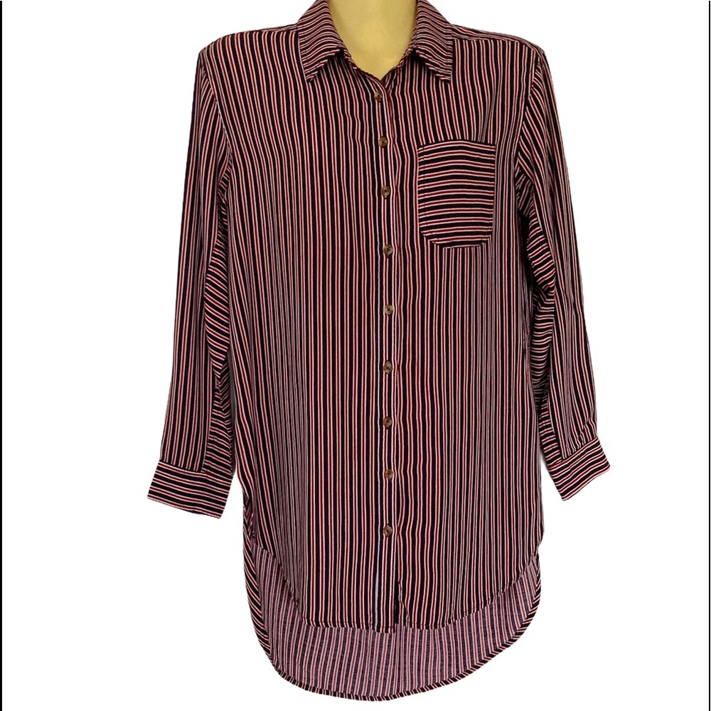 Anthropologie Maeve Adelaide Shirt Tunic Top Poplin Stripe Red Blue Bohemian XS